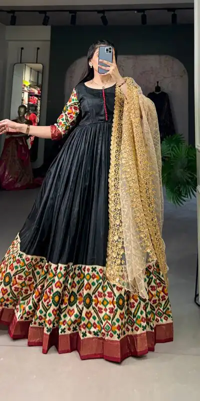 Black Dola Silk Print Foil Work With Dupatta Gown | Gowns, Bollywood Gowns, Creative Gowns, Designer Gowns, Embroidered Gowns, Party Wear Gowns
