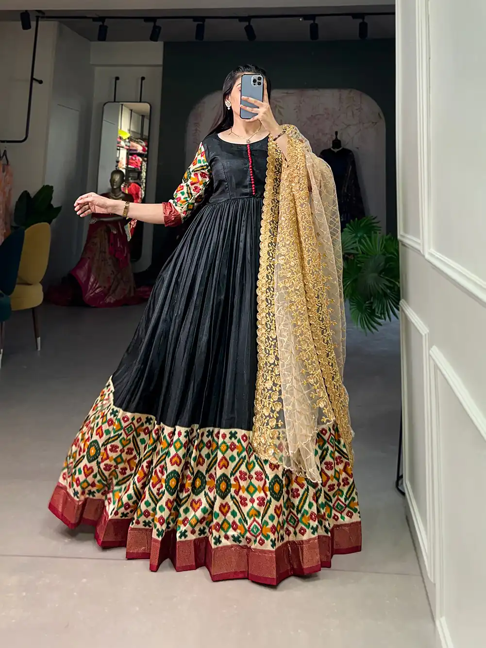 Black Dola Silk Print Foil Work With Dupatta Gown | Gowns, Bollywood Gowns, Creative Gowns, Designer Gowns, Embroidered Gowns, Party Wear Gowns