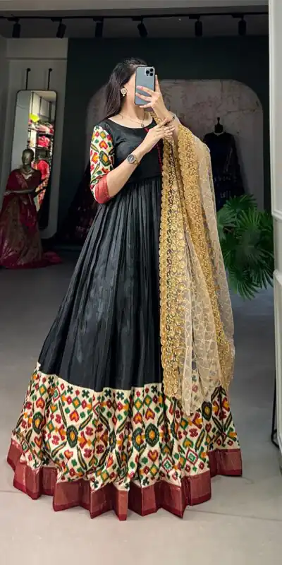 Black Dola Silk Print Foil Work With Dupatta Gown | Gowns, Bollywood Gowns, Creative Gowns, Designer Gowns, Embroidered Gowns, Party Wear Gowns