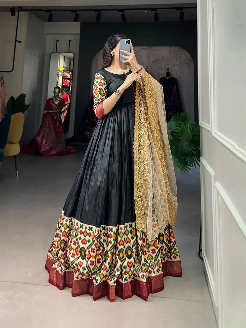 Black Dola Silk Print Foil Work With Dupatta Gown | Gowns, Bollywood Gowns, Creative Gowns, Designer Gowns, Embroidered Gowns, Party Wear Gowns