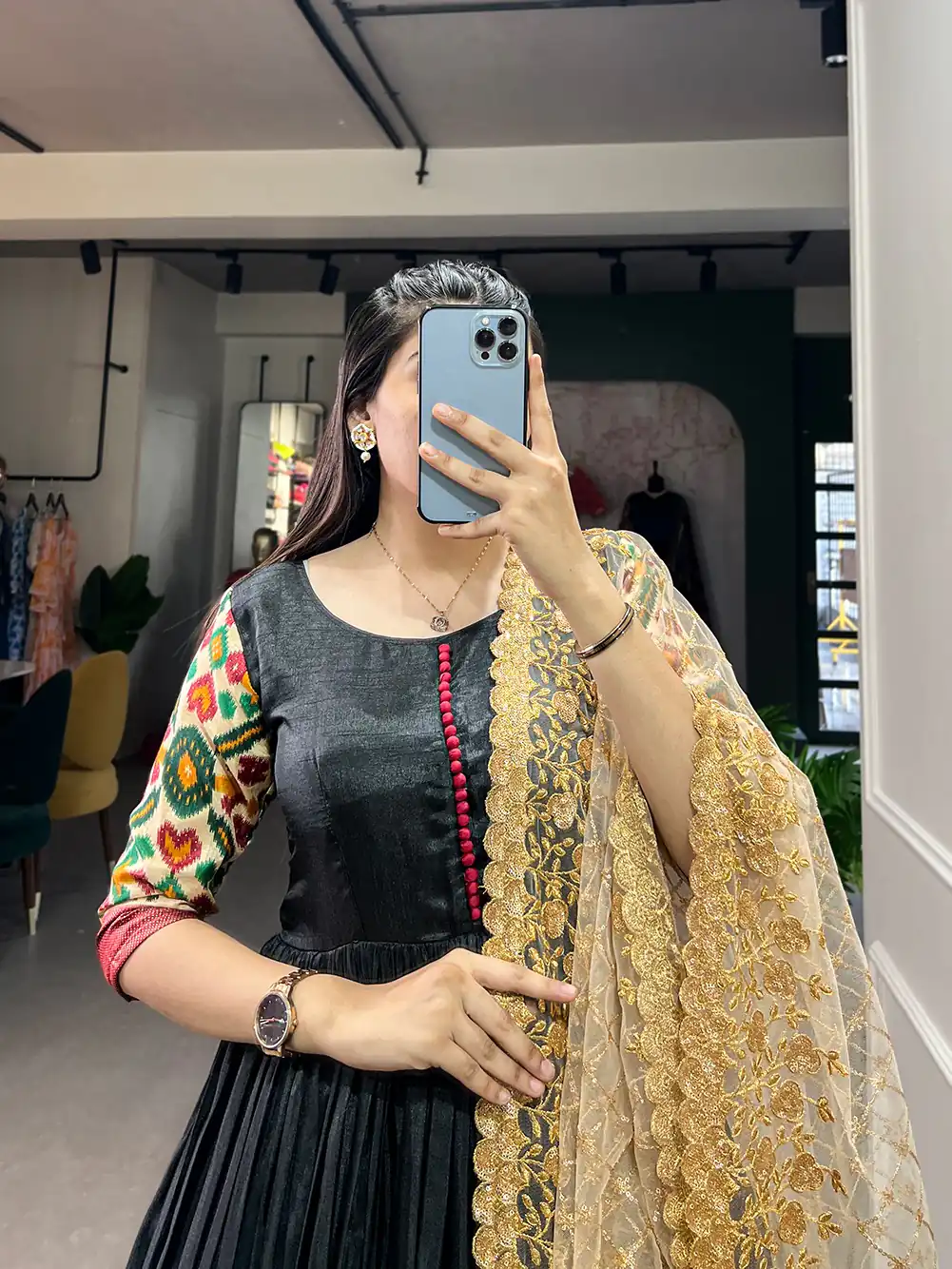 Black Dola Silk Print Foil Work With Dupatta Gown | Gowns, Bollywood Gowns, Creative Gowns, Designer Gowns, Embroidered Gowns, Party Wear Gowns