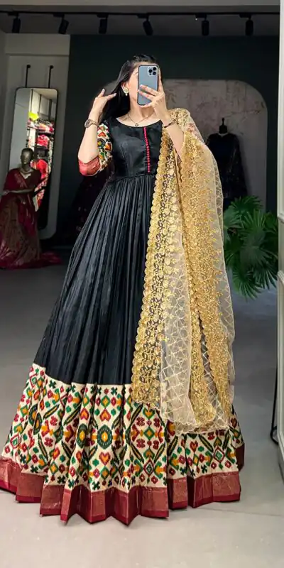 Black Dola Silk Print Foil Work With Dupatta Gown | Gowns, Bollywood Gowns, Creative Gowns, Designer Gowns, Embroidered Gowns, Party Wear Gowns