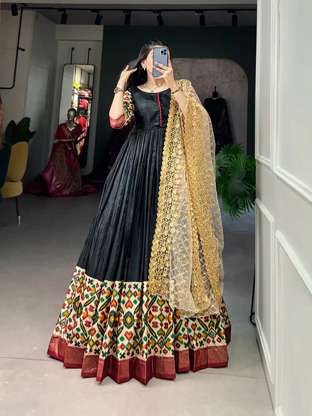 Black Dola Silk Print Foil Work With Dupatta Gown | Gowns, Bollywood Gowns, Creative Gowns, Designer Gowns, Embroidered Gowns, Party Wear Gowns
