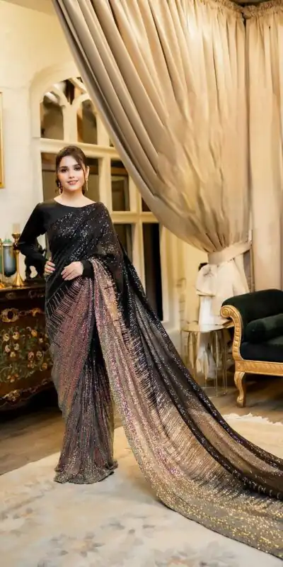 Black Dual Sequins 3MM 5MM Embroidery Sequins Work Saree | Sarees, Bollywood Sarees, Creative Sarees, Designer Sarees, Embroidered Sarees, Ethnic Saree, Modern Digital sarees, Party Wear Sarees