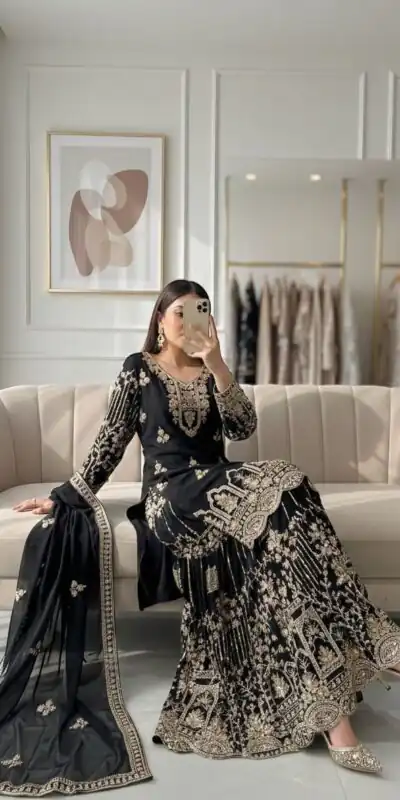 Black Faux Georgette 5 mm Sequence Work Salwar Suit | Jump Suits, Salwar suit, Casual Suits, Creative suits, Designer Suits, Palazzo Suits, Party Wear Suits, Patiala Suits, Straight Suits