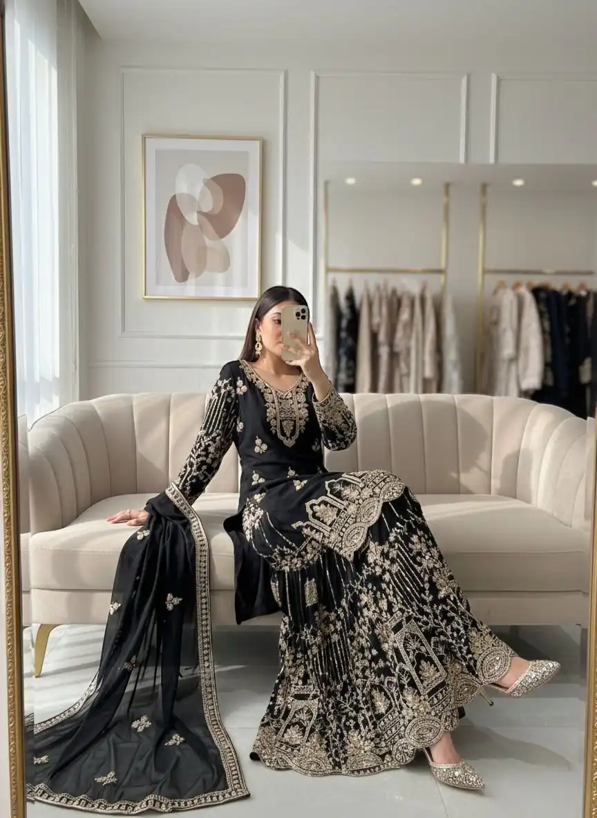 Black Faux Georgette 5 mm Sequence Work Salwar Suit | Jump Suits, Salwar suit, Casual Suits, Creative suits, Designer Suits, Palazzo Suits, Party Wear Suits, Patiala Suits, Straight Suits