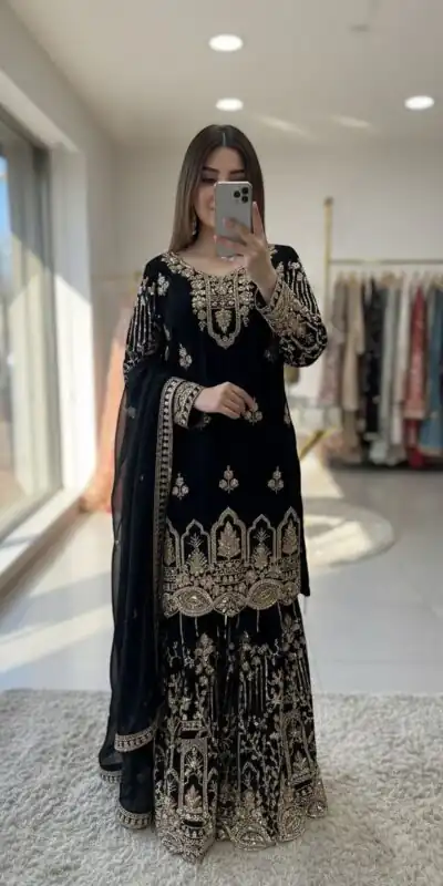 Black Faux Georgette 5 mm Sequence Work Salwar Suit | Jump Suits, Salwar suit, Casual Suits, Creative suits, Designer Suits, Palazzo Suits, Party Wear Suits, Patiala Suits, Straight Suits