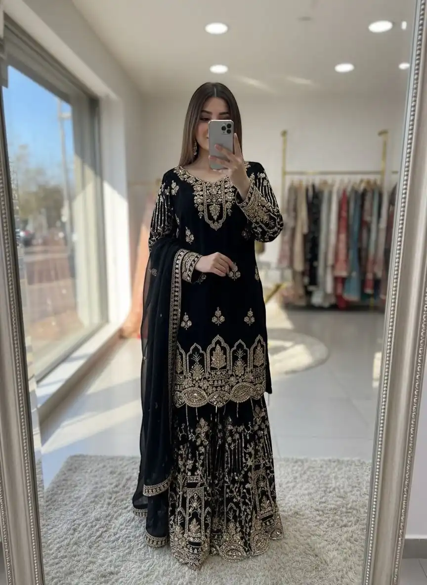 Black Faux Georgette 5 mm Sequence Work Salwar Suit | Jump Suits, Salwar suit, Casual Suits, Creative suits, Designer Suits, Palazzo Suits, Party Wear Suits, Patiala Suits, Straight Suits