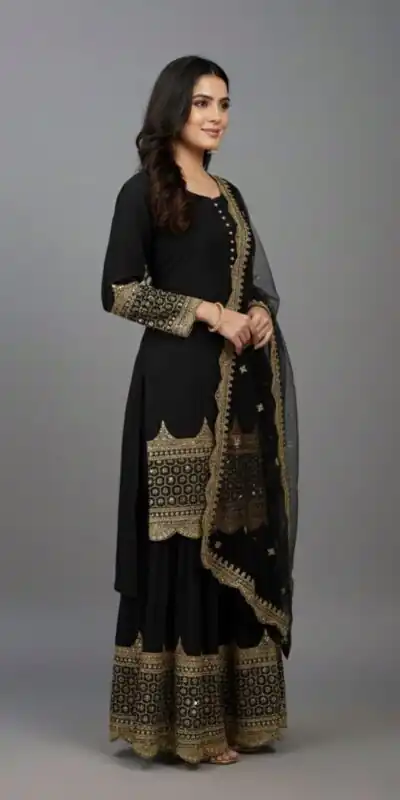 Black Faux Georgette Embroider Salwar Suit | Jump Suits, Salwar suit, Casual Suits, Creative suits, Designer Suits, Palazzo Suits, Party Wear Suits, Patiala Suits, Straight Suits
