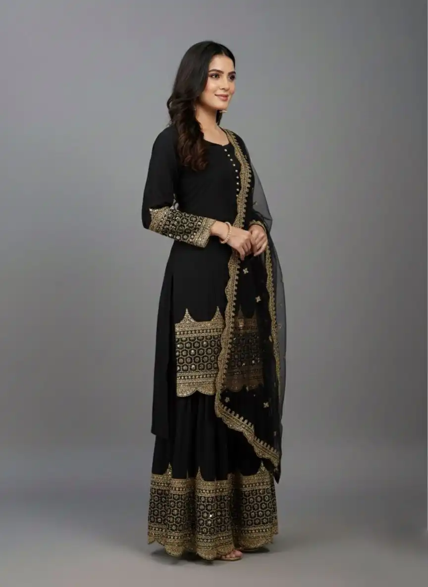 Black Faux Georgette Embroider Salwar Suit | Jump Suits, Salwar suit, Casual Suits, Creative suits, Designer Suits, Palazzo Suits, Party Wear Suits, Patiala Suits, Straight Suits