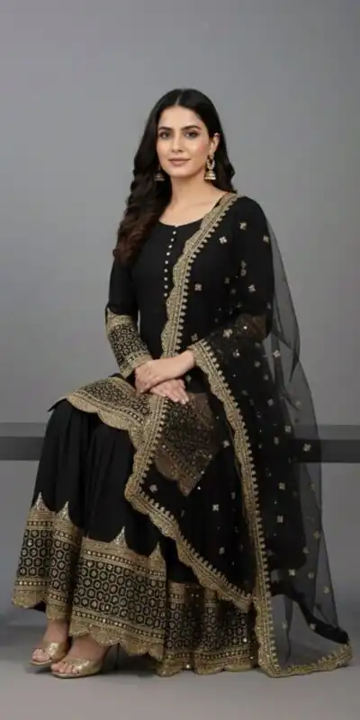 Black Faux Georgette Embroider Salwar Suit | Jump Suits, Salwar suit, Casual Suits, Creative suits, Designer Suits, Palazzo Suits, Party Wear Suits, Patiala Suits, Straight Suits