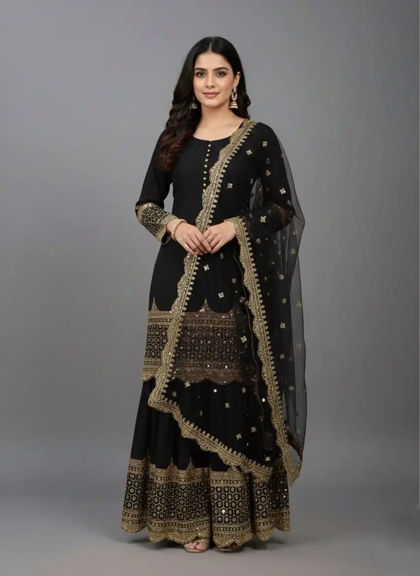 Black Faux Georgette Embroider Salwar Suit | Jump Suits, Salwar suit, Casual Suits, Creative suits, Designer Suits, Palazzo Suits, Party Wear Suits, Patiala Suits, Straight Suits