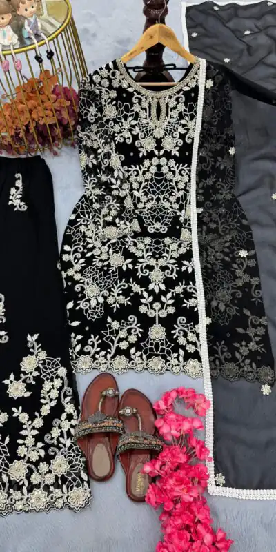 Black Faux Georgette Embroidery Lace Work Salwar Suit | Jump Suits, Salwar suit, Casual Suits, Creative suits, Designer Suits, Palazzo Suits, Party Wear Suits, Patiala Suits, Straight Suits