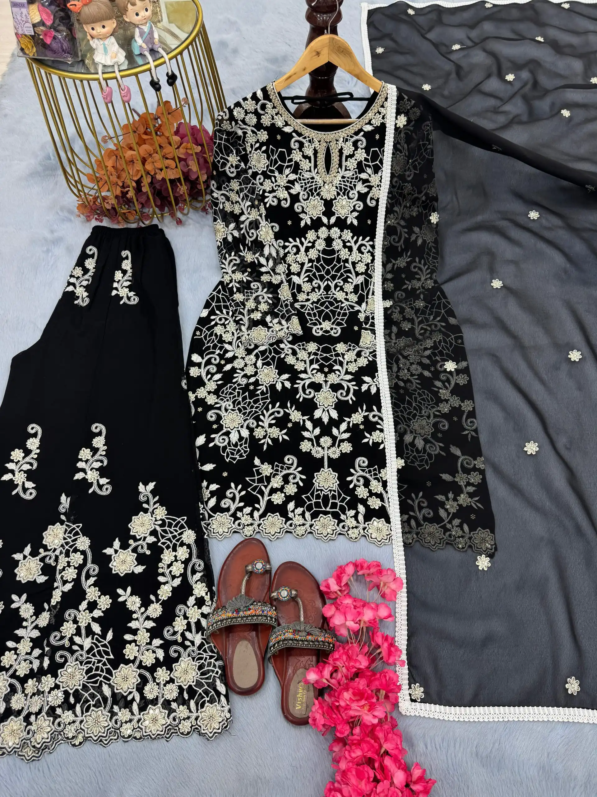 Black Faux Georgette Embroidery Lace Work Salwar Suit | Jump Suits, Salwar suit, Casual Suits, Creative suits, Designer Suits, Palazzo Suits, Party Wear Suits, Patiala Suits, Straight Suits