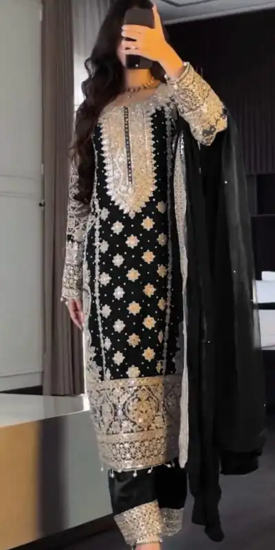 Black Faux Georgette Embroidery Salwar Suit | Jump Suits, Salwar suit, Casual Suits, Creative suits, Designer Suits, Palazzo Suits, Party Wear Suits, Patiala Suits, Straight Suits