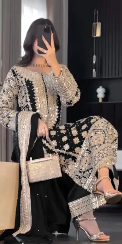Black Faux Georgette Embroidery Salwar Suit | Jump Suits, Salwar suit, Casual Suits, Creative suits, Designer Suits, Palazzo Suits, Party Wear Suits, Patiala Suits, Straight Suits