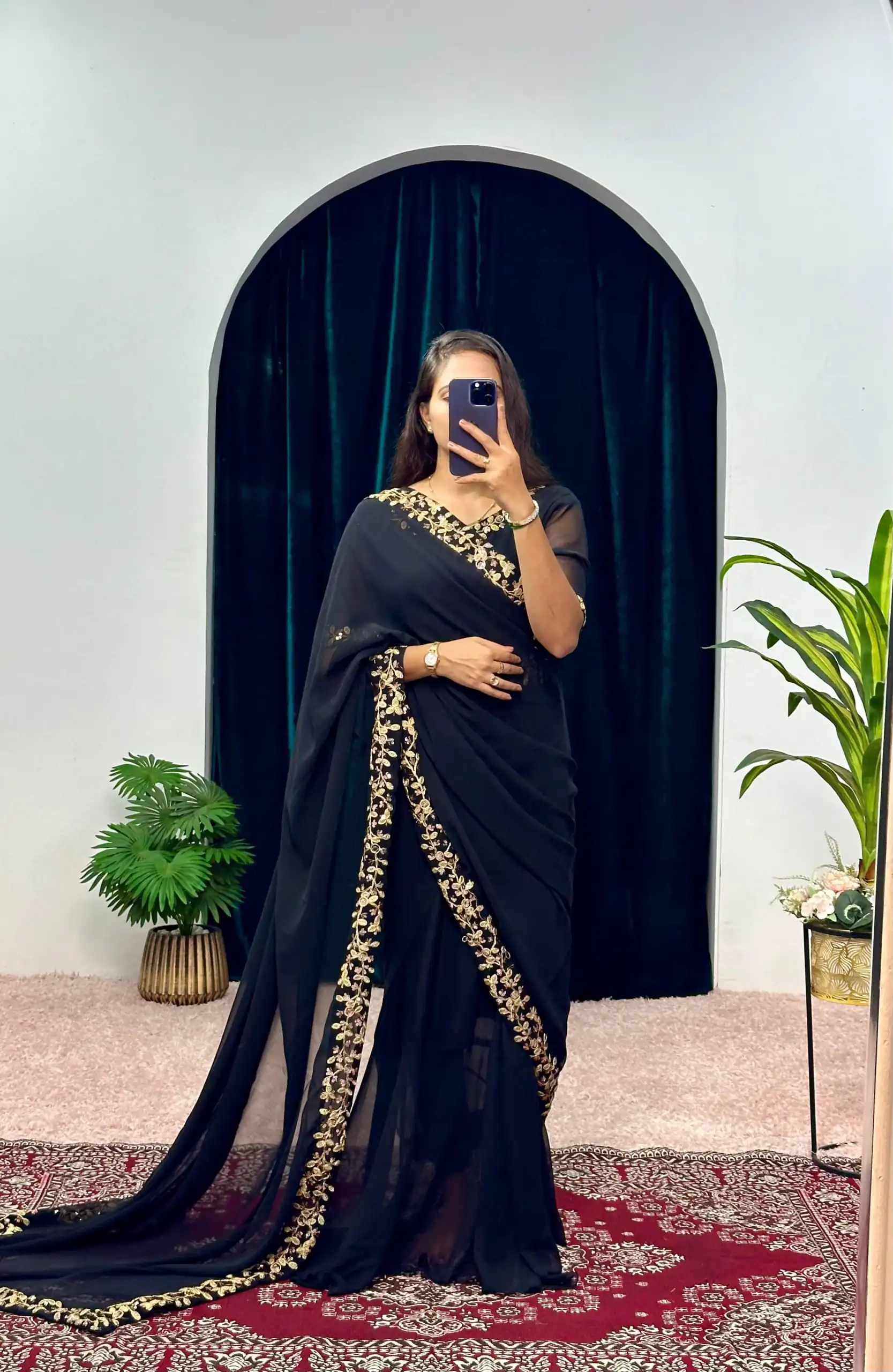 Black Faux Georgette Embroidery Work Border Stitched Saree-Gown | Gowns, Bollywood Gowns, Creative Gowns, Designer Gowns, Embroidered Gowns, Party Wear Gowns, Straight Suits