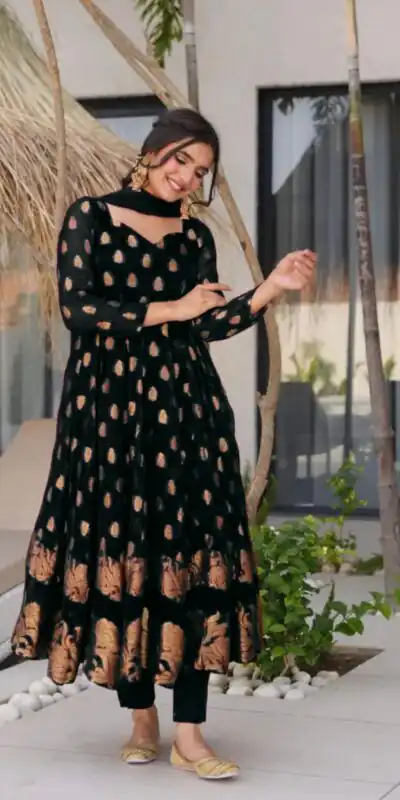 Black Faux Georgette Embroidery Work Gown | Gowns, Bollywood Gowns, Creative Gowns, Designer Gowns, Embroidered Gowns, Party Wear Gowns