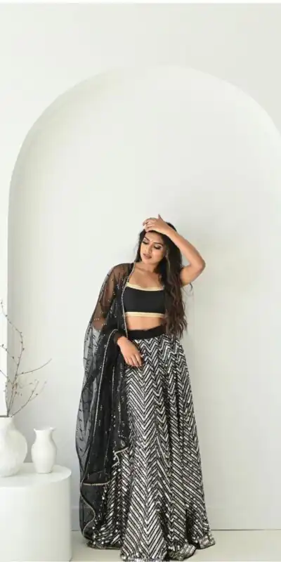 Black Faux Georgette Sequence Work Lehenga Choli | Lehenga, Bollywood Lehenga, Creative Lehenga, Designer Lehenga, Embroidered Lehenga, Party Wear Lehenga