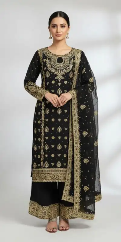 Black Faux Georgette Sequence Work Salwar Suit | Jump Suits, Salwar suit, Casual Suits, Creative suits, Designer Suits, Palazzo Suits, Party Wear Suits, Patiala Suits, Straight Suits