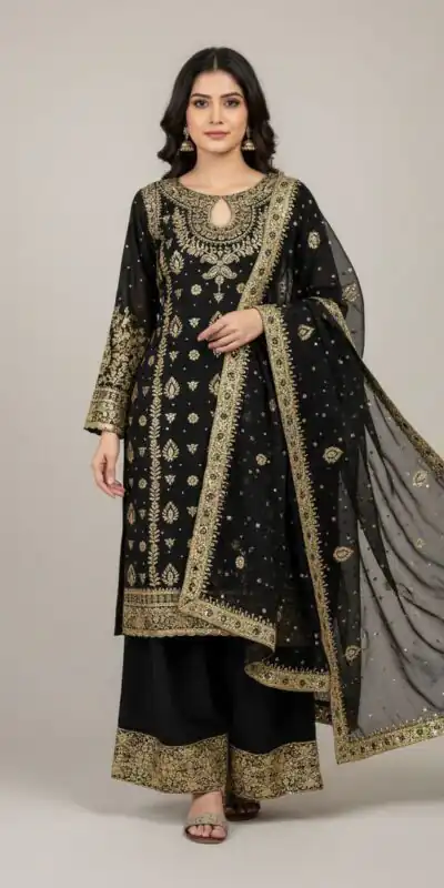 Black Faux Georgette Sequence Work Salwar Suit | Jump Suits, Salwar suit, Casual Suits, Creative suits, Designer Suits, Palazzo Suits, Party Wear Suits, Patiala Suits, Straight Suits