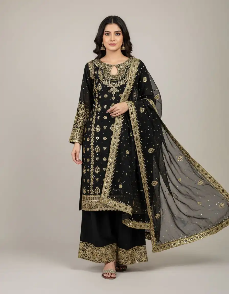 Black Faux Georgette Sequence Work Salwar Suit | Jump Suits, Salwar suit, Casual Suits, Creative suits, Designer Suits, Palazzo Suits, Party Wear Suits, Patiala Suits, Straight Suits