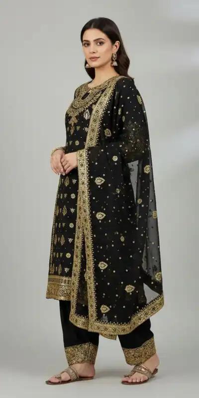 Black Faux Georgette Sequence Work Salwar Suit | Jump Suits, Salwar suit, Casual Suits, Creative suits, Designer Suits, Palazzo Suits, Party Wear Suits, Patiala Suits, Straight Suits