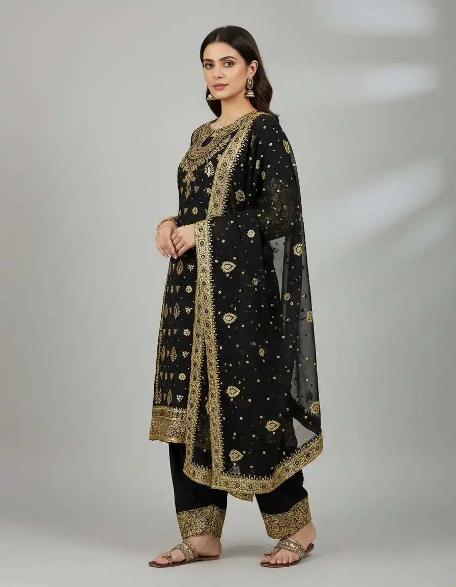Black Faux Georgette Sequence Work Salwar Suit | Jump Suits, Salwar suit, Casual Suits, Creative suits, Designer Suits, Palazzo Suits, Party Wear Suits, Patiala Suits, Straight Suits
