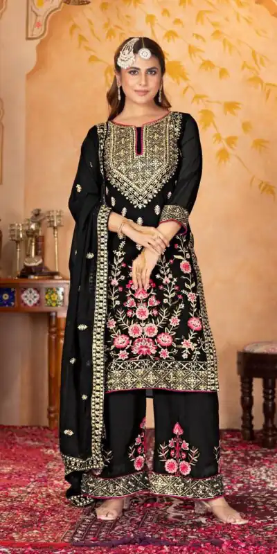Black Faux Georgette With Embroidery Work Salwar Suit | Jump Suits, Salwar suit, Casual Suits, Creative suits, Designer Suits, Palazzo Suits, Party Wear Suits, Patiala Suits, Straight Suits