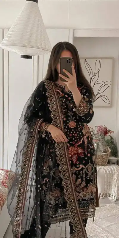 Black Faux Georgette With Sequence Work Salwar Suit | Jump Suits, Salwar suit, Casual Suits, Creative suits, Designer Suits, Palazzo Suits, Party Wear Suits, Patiala Suits, Straight Suits