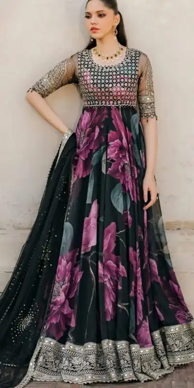 Black Foix Georgette with digital print Anarkali Gown | Gowns, Bollywood Gowns, Creative Gowns, Designer Gowns, Embroidered Gowns, Party Wear Gowns
