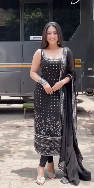 Black Foux Gorgette Mirror Work Salwar Suit | Jump Suits, Tops & Bottoms, Track Suits, Salwar suit, Casual Suits, Creative suits, Designer Suits, Palazzo Suits, Party Wear Suits, Patiala Suits, Straight Suits, Trendy Wear