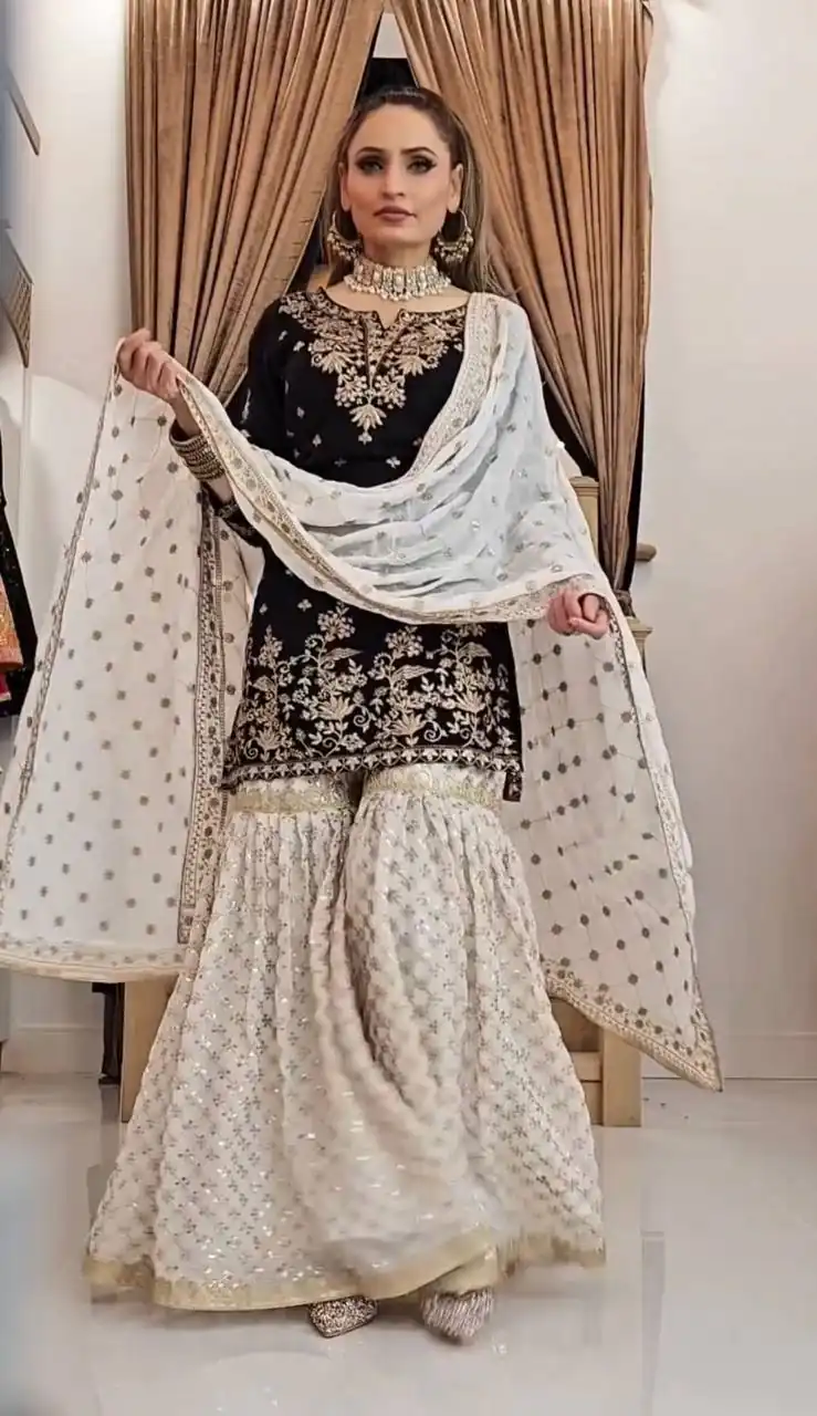 Black Fox Georgette Embroidery Lace Work Salwar Suit | Jump Suits, Tops & Bottoms, Track Suits, Salwar suit, Casual Suits, Creative suits, Designer Suits, Palazzo Suits, Party Wear Suits, Patiala Suits, Straight Suits, Trendy Wear