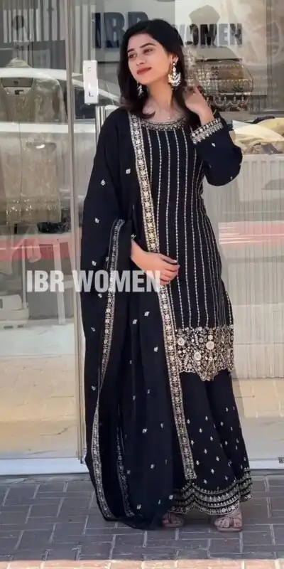 Black Fox Georgette Thread Work Salwar Suit | Jump Suits, Tops & Bottoms, Track Suits, Salwar suit, Casual Suits, Creative suits, Designer Suits, Palazzo Suits, Party Wear Suits, Patiala Suits, Straight Suits, Trendy Wear