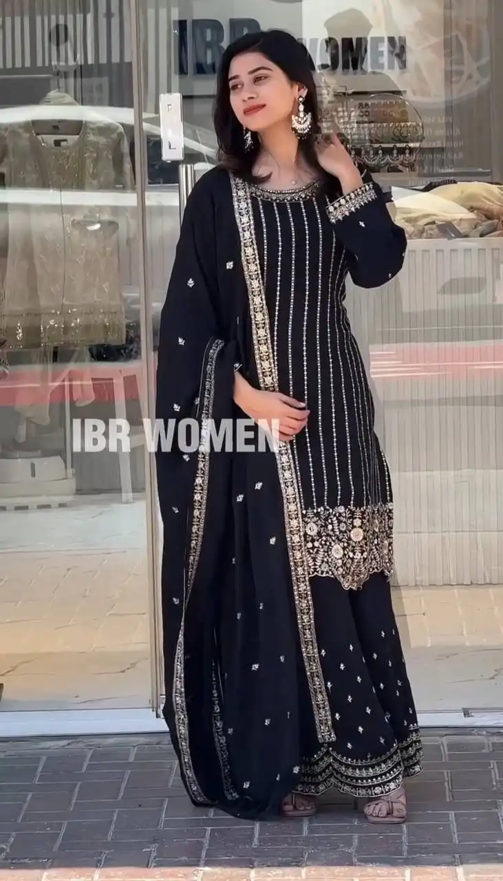 Black Fox Georgette Thread Work Salwar Suit | Jump Suits, Tops & Bottoms, Track Suits, Salwar suit, Casual Suits, Creative suits, Designer Suits, Palazzo Suits, Party Wear Suits, Patiala Suits, Straight Suits, Trendy Wear