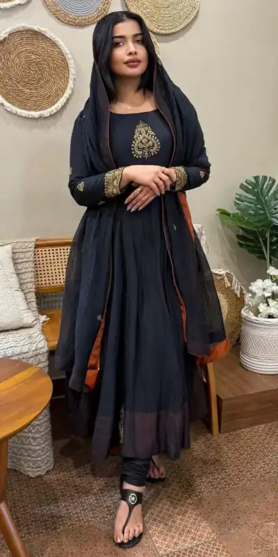 Black Fox Georgette With Embroidery Gown | Gowns, Bollywood Gowns, Creative Gowns, Designer Gowns, Embroidered Gowns, Party Wear Gowns