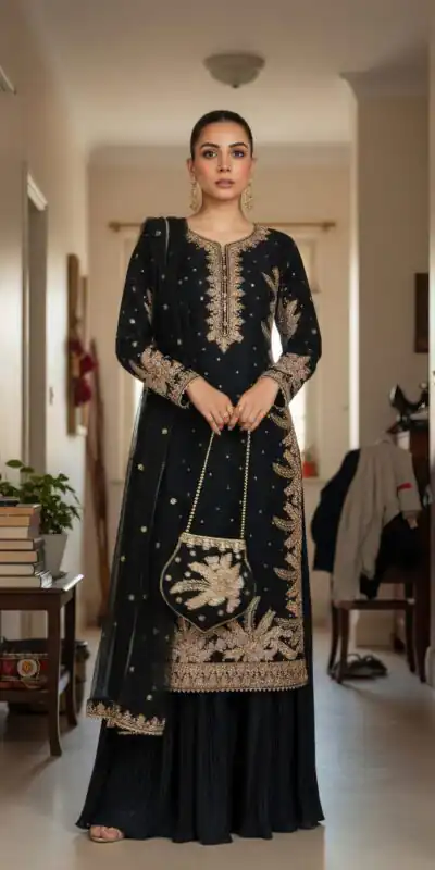 Black Fuax Georgette Embroidery Salwar Suit | Jump Suits, Tops & Bottoms, Track Suits, Salwar suit, Casual Suits, Creative suits, Designer Suits, Palazzo Suits, Party Wear Suits, Patiala Suits, Straight Suits, Trendy Wear