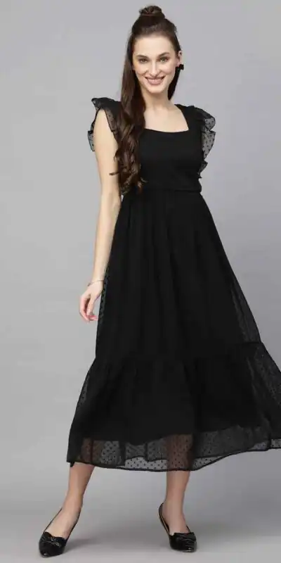 Black Georgette Butti Gown | Gowns, Bollywood Gowns, Creative Gowns, Designer Gowns, Embroidered Gowns, Party Wear Gowns