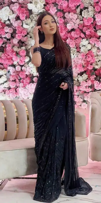 Black Georgette Embroidery Sequence Work Saree | Sarees, Bollywood Sarees, Creative Sarees, Designer Sarees, Embroidered Sarees, Ethnic Saree, Modern Digital sarees, Party Wear Sarees
