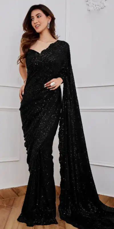 Black Georgette Embroidery Sequins Work Saree | Sarees, Bollywood Sarees, Creative Sarees, Designer Sarees, Embroidered Sarees, Ethnic Saree, Modern Digital sarees, Party Wear Sarees