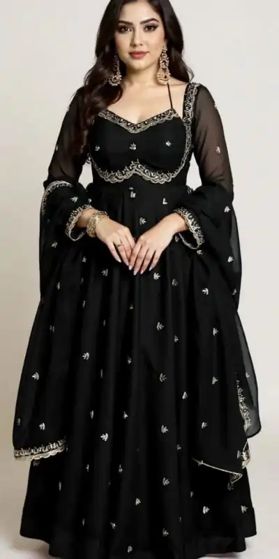 Black Georgette Embroidery Work Gown | Gowns, Bollywood Gowns, Creative Gowns, Designer Gowns, Embroidered Gowns, Party Wear Gowns