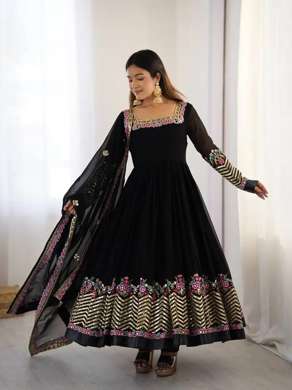 Black Georgette Multi Thread Work Gown | Jump Suits, Salwar suit, Casual Suits, Creative suits, Designer Suits, Palazzo Suits, Party Wear Suits, Patiala Suits, Straight Suits