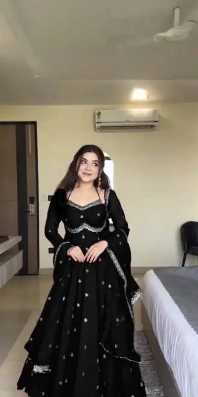 Black Georgette Sequence Gown | Gowns, Bollywood Gowns, Creative Gowns, Designer Gowns, Embroidered Gowns, Party Wear Gowns