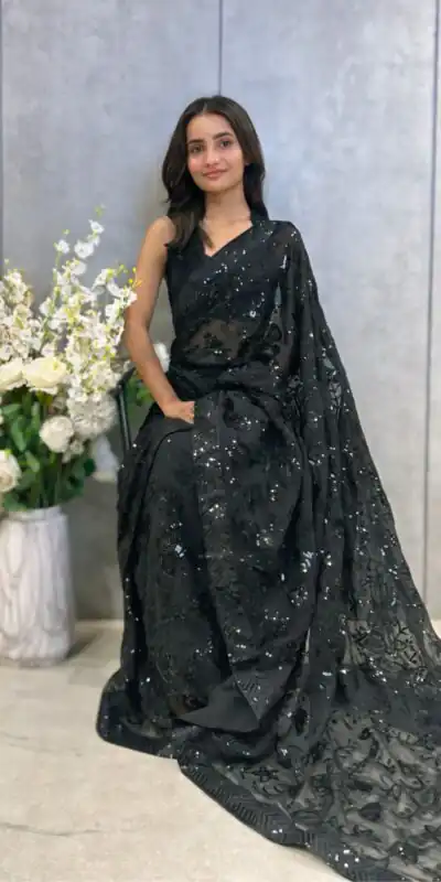 Black Georgette Sequence Work Saree | Sarees, Bollywood Sarees, Creative Sarees, Designer Sarees, Embroidered Sarees, Ethnic Saree, Modern Digital sarees, Party Wear Sarees