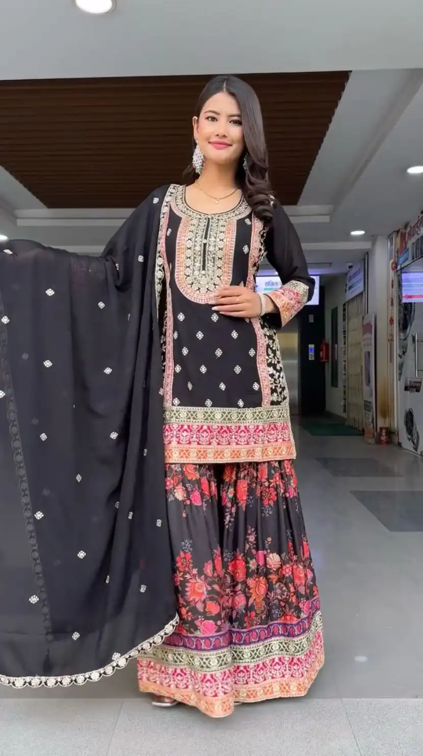 Black Georgette Sequences Work Salwar Suit | Jump Suits, Salwar suit, Casual Suits, Creative suits, Designer Suits, Palazzo Suits, Party Wear Suits, Patiala Suits, Straight Suits