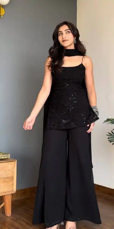 Black Georgette Sequins Work Salwar Suit | Jump Suits, Salwar suit, Casual Suits, Creative suits, Designer Suits, Palazzo Suits, Party Wear Suits, Patiala Suits, Straight Suits