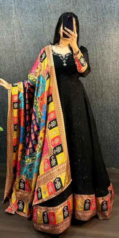 Black Georgette Wide Sequence Work Anarkali Gown | Gowns, Bollywood Gowns, Creative Gowns, Designer Gowns, Embroidered Gowns, Party Wear Gowns, Straight Suits