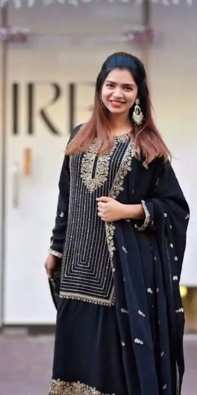 Black Georgette With Embroidery Work Salwar Suit | Jump Suits, Salwar suit, Casual Suits, Creative suits, Designer Suits, Palazzo Suits, Party Wear Suits, Patiala Suits, Straight Suits