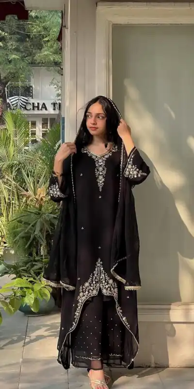 Black heavy Georgette Embroidery Salwar Suit | Jump Suits, Salwar suit, Casual Suits, Creative suits, Designer Suits, Palazzo Suits, Party Wear Suits, Patiala Suits, Straight Suits