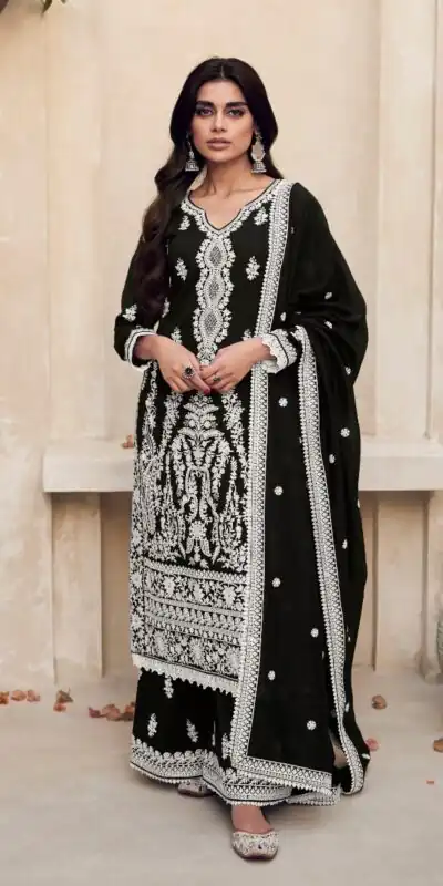 Black Heavy Vichitra Embroidery Sharara Suit | Jump Suits, Salwar suit, Casual Suits, Creative suits, Designer Suits, Palazzo Suits, Party Wear Suits, Patiala Suits, Straight Suits